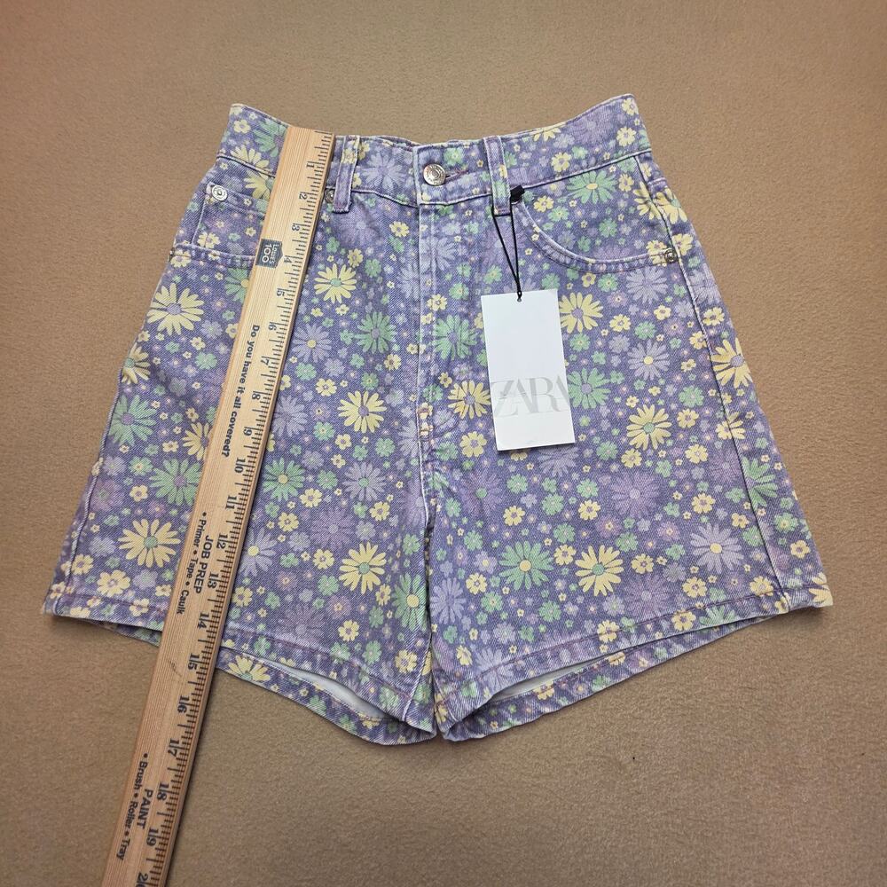 Zara High-Rise Purple Floral Denim Shorts Sz 2 NWT Button Fly - Picture 8 of 11